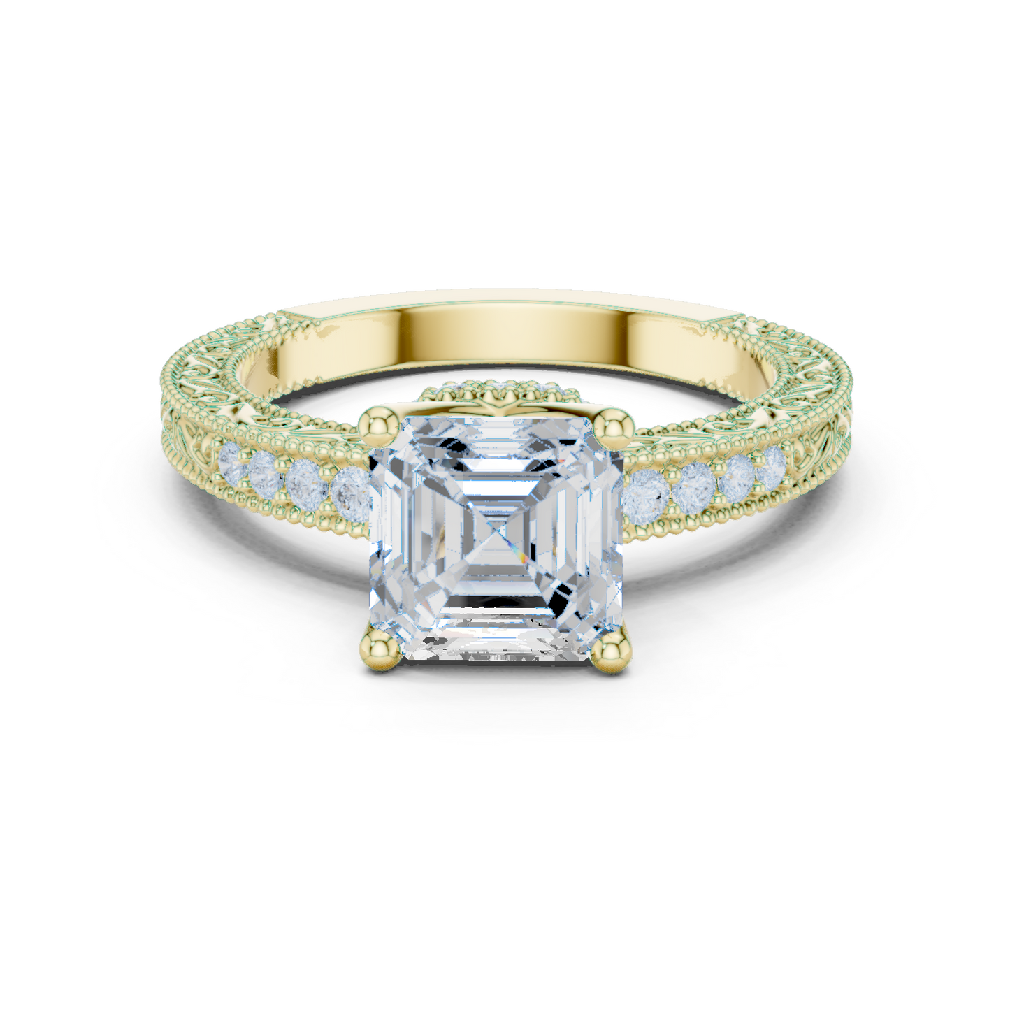 2.19ctw Vintage Asscher Cut Ring with Milgrain Filigree Hidden Halo | Yellow Gold