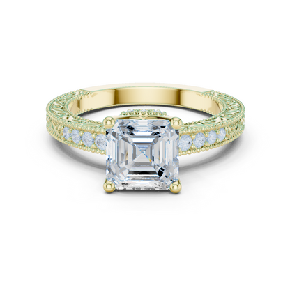 2.19ctw Vintage Asscher Cut Ring with Milgrain Filigree Hidden Halo | Yellow Gold