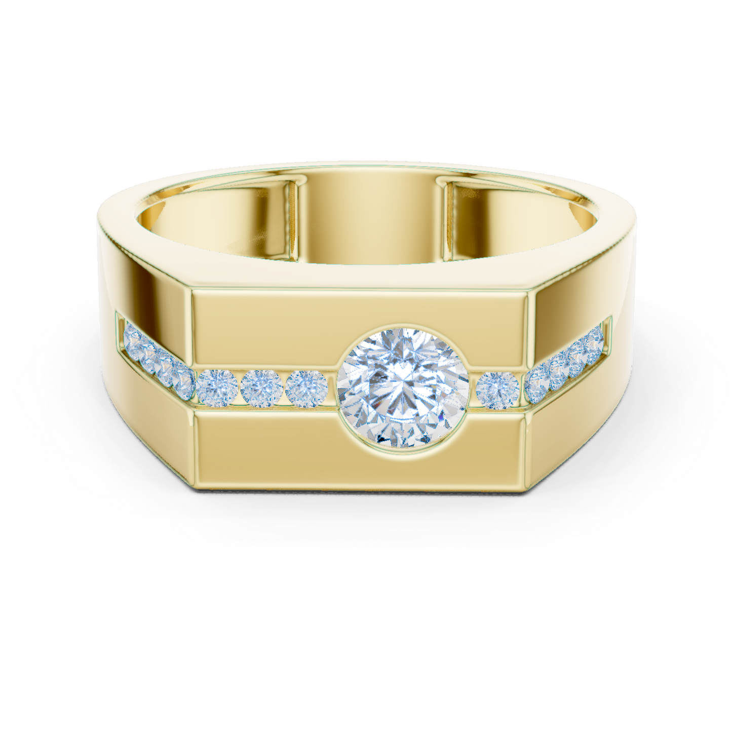 Yellow Gold Round Diamond Solitaire Ring - 0.68CTW Octagonal Statement Band
