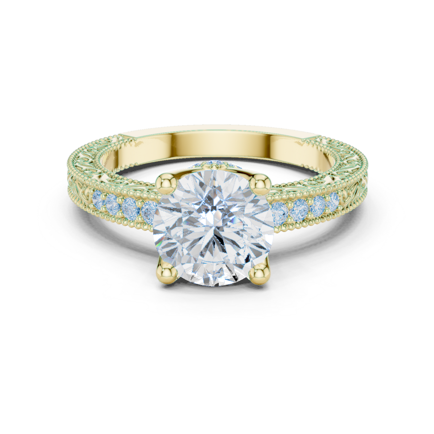 2.21ctw Vintage Round Cut Ring with Milgrain Filigree Hidden Halo | Yellow Gold