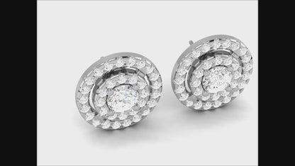 Gold Double Halo Diamond Stud Earrings - Round Brilliant Cut